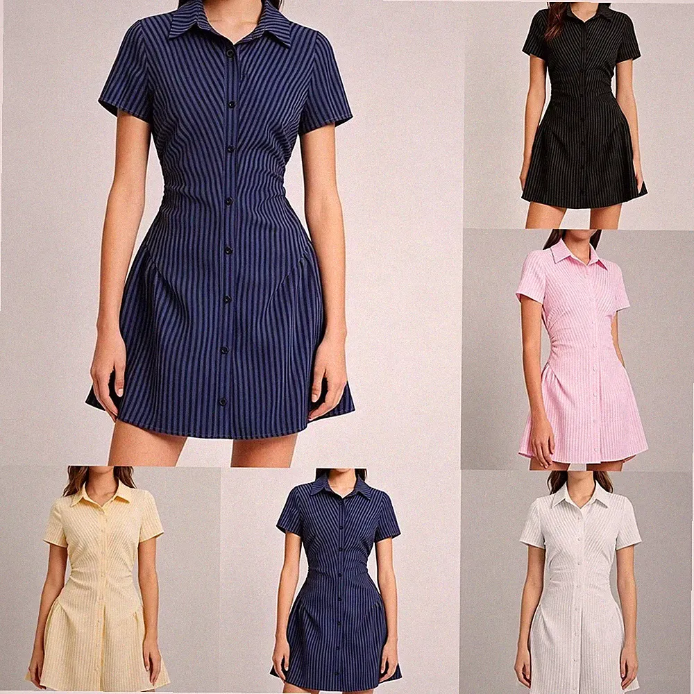 Damen Slim A Linie Shirt Kleid V Ausschnitt Kurzarm Plissee Einfarbig Design