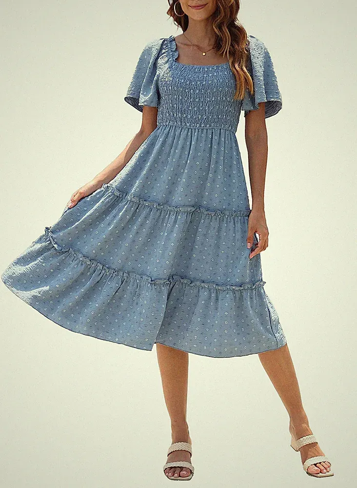 Damen Smocked Midi Kleid Kurzarm UAusschnitt Sommerkleid ALinie Maxikleid Coc...