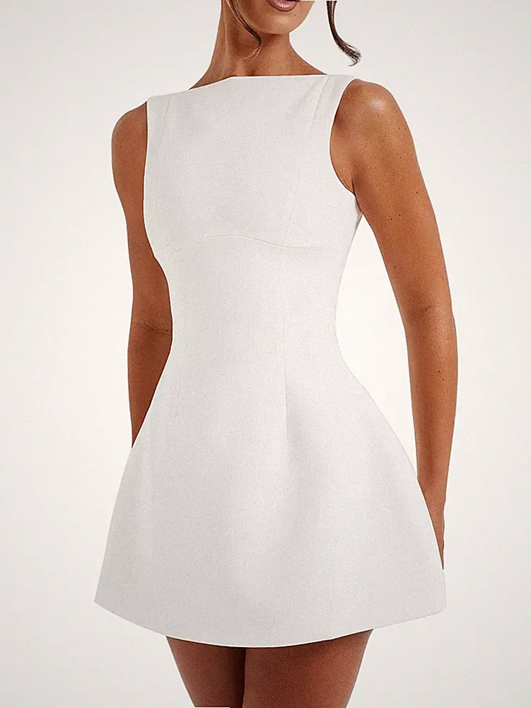 Damen Sommer Ärmellos Reißverschluss Stehkragen Slim Fit A-Linie Minikleid 4989