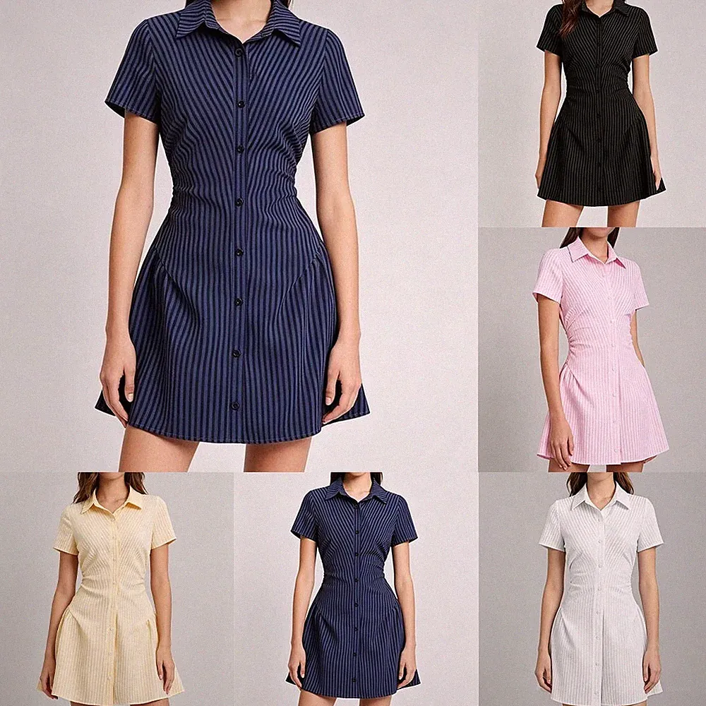 Damen Sommer für freizeit Hemd Kleid V Ausschnitt Kurzarm Plissee A Linie