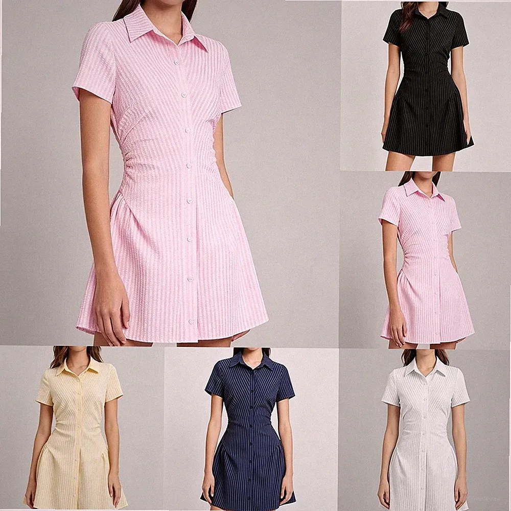 Damen Sommer für freizeit Hemd Kleid V Ausschnitt Kurzarm Plissee A Linie