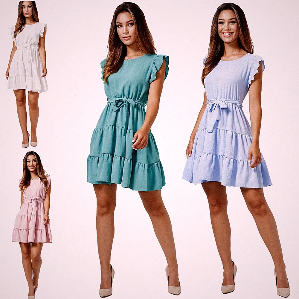 Damen Sommer Kleid A-Linie Midikleid Cocktail Freizeit Strand Rüschen Partykleid