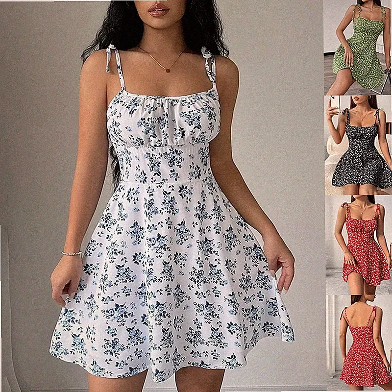 Damen Sommer Kleid Blumenkleid A-Linie Tailliert Floral Elegant Casual Dress Sum