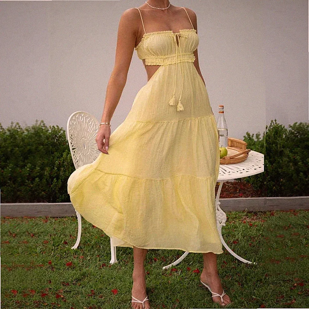 Damen Sommer Kleid Boho A Linie Maxi Gelb Rückenfrei Spaghettiträger Größe S