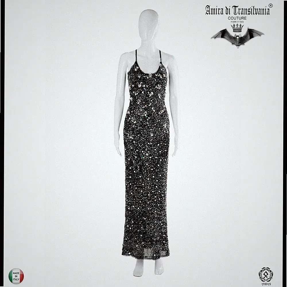 Damen Sommer Kleid Griff High Fashion Couture Elegant Lang Pailletten Strass Schwarz