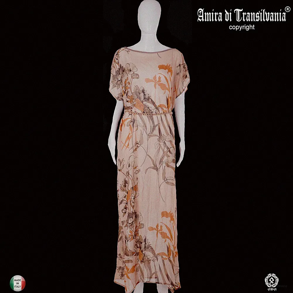 Damen Sommer Kleid Griff High Fashion Couture Kaftan Curvy Lang Floral Beige 11