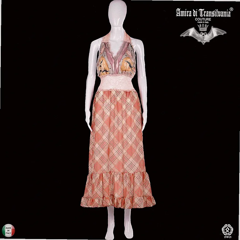 Damen Sommer Kleid Griff High Fashion Mode Markenmode Lang Rosa Rüschen Spitze Seide 42