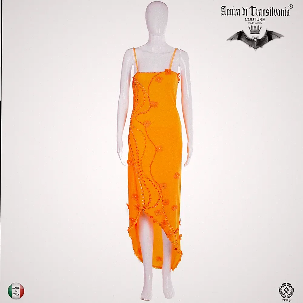 Damen Sommer Kleid Griff High Fashion Modenschau Orange Blumen Bestickt Asymmetrisch