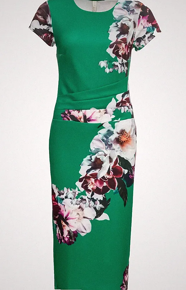 Damen Sommer Kleid grün geblümt 32/34 36/38 Etuikleid knielang neu 230