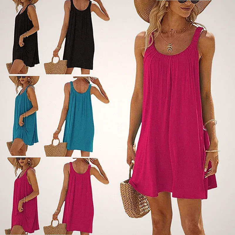 Damen Sommer Kurzes Kleid Strandkleid A Linien Kleid Freizeitkleid Trägerkleid