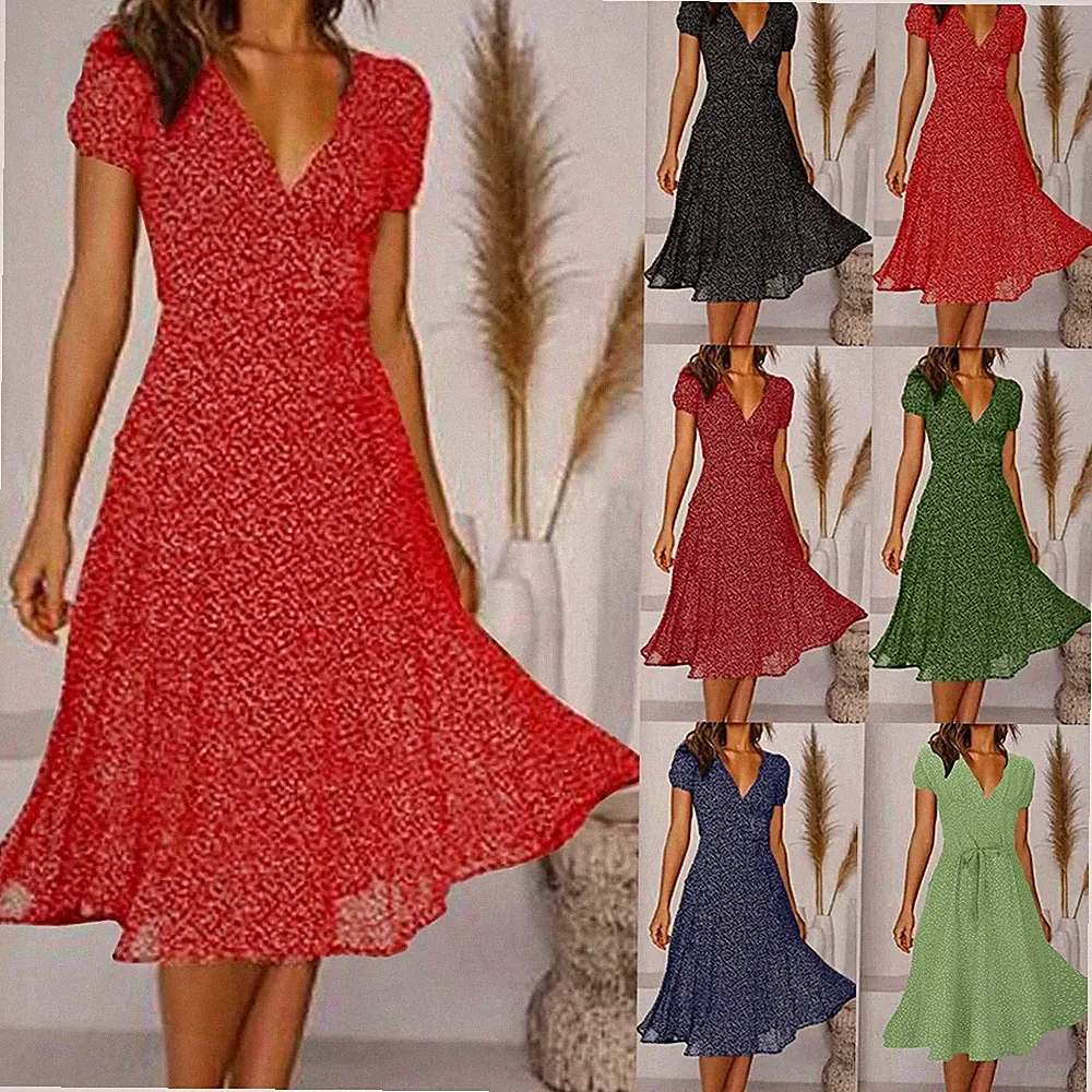 Damen Sommer V-neck Floral Bedrucktes Kleid Sexy Maxi-kleid Kurzärmliges Kleid
