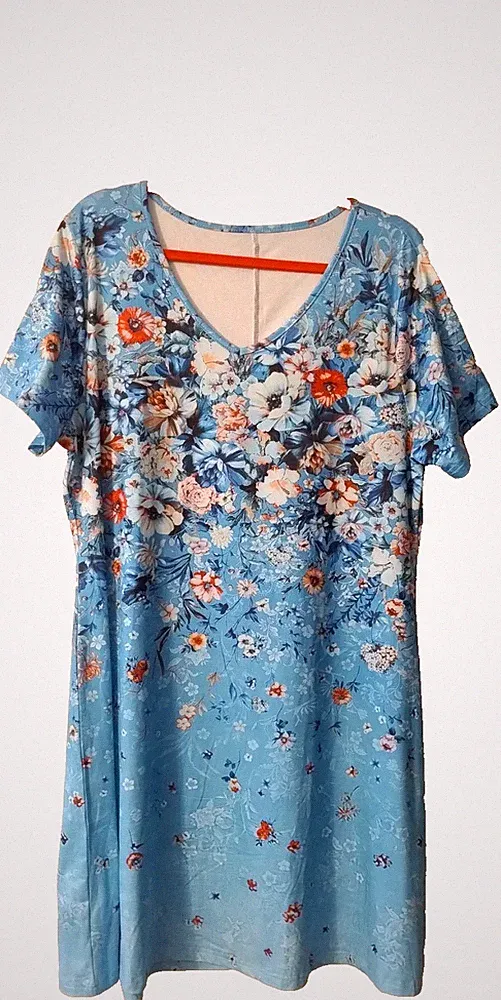 Damen Sommerkleid, A-Linie, Hellblau Blumenmuster 3XL