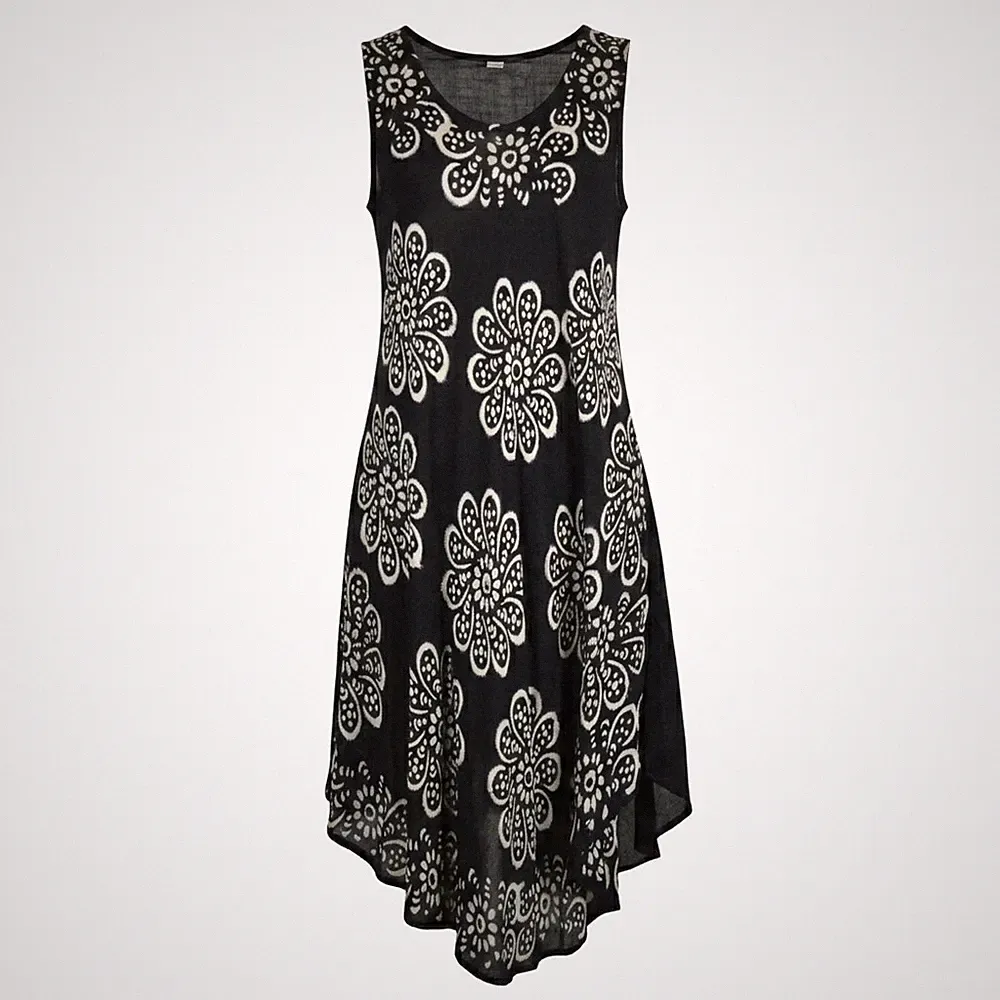 Damen Sommerkleid Ärmellos A-Linie Blumenmuster Strandkleid Asymmetrisch Schwarz