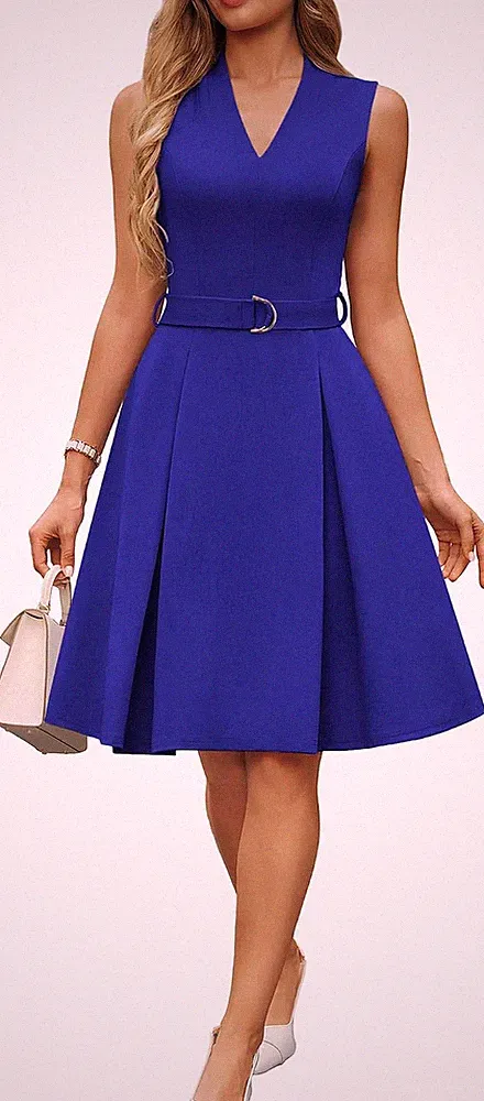 Damen Sommerkleid ärmellos V-Ausschnitt knielang A-Linie mit Gürtel XL Königsbla