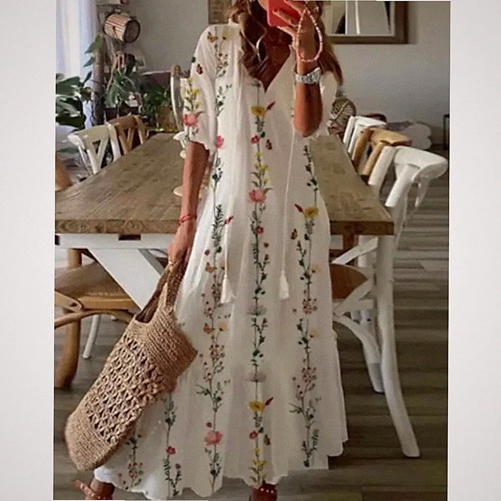Damen Sommerkleid Blumen Freizeitkleid Langkleid V-Kragen Lose Tunikakleid