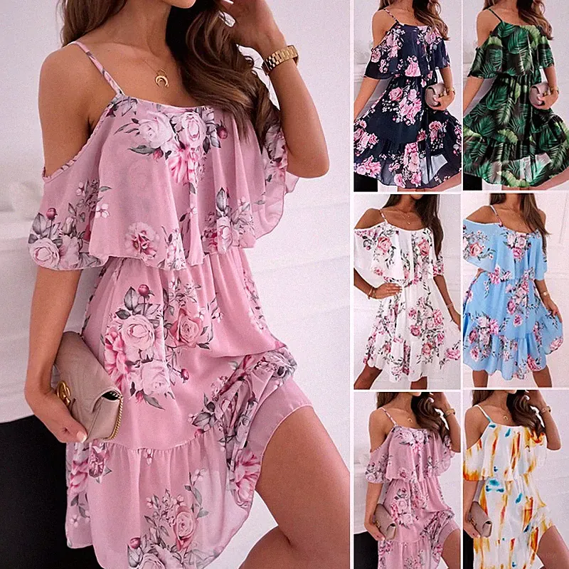 Damen Sommerkleid Blumen Kurzarm Strandkleid Schulterfrei Minikleid Urlaubkleid/