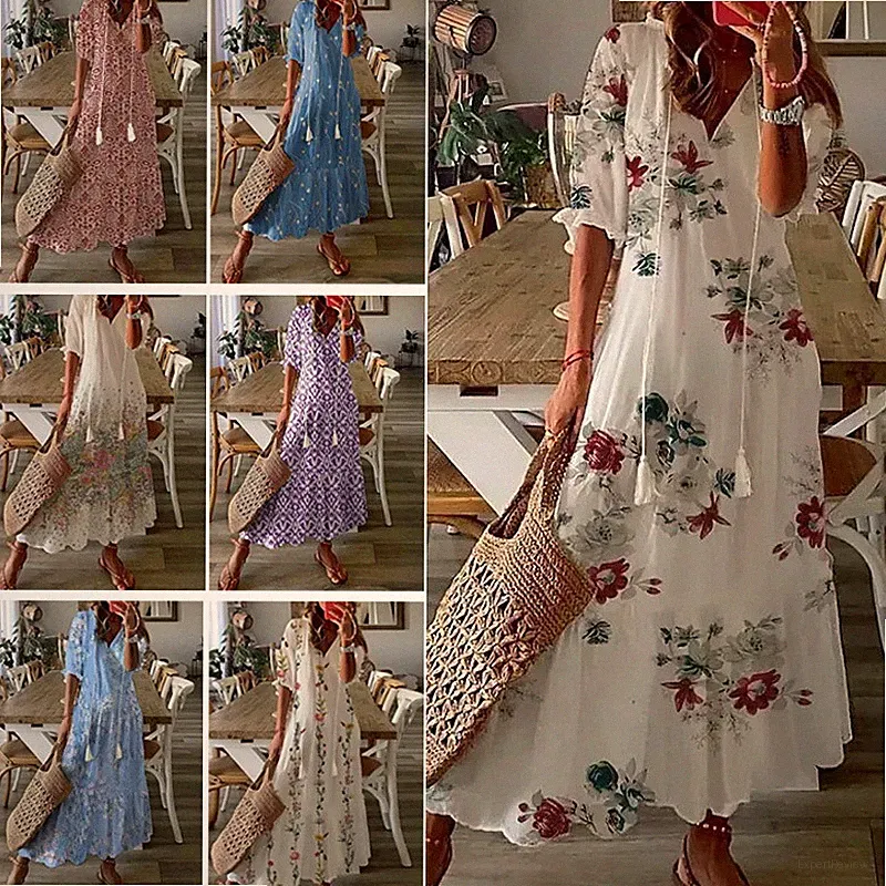 Damen Sommerkleid Boho Maxikleid Blumen Freizeitkleid Langkleid Lose Tunikakleid