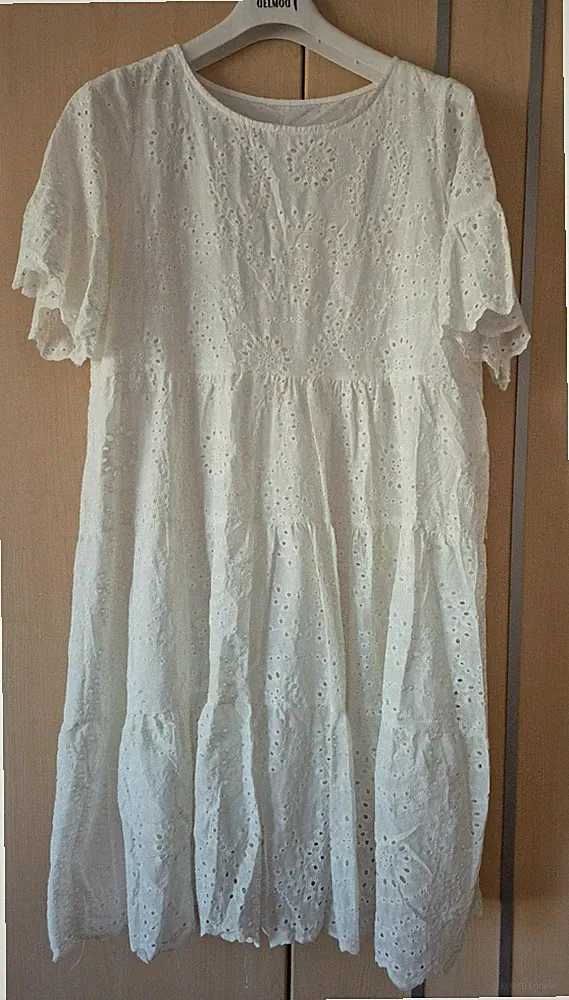 Damen Sommerkleid Freizeit Spitzenkleid Lockere Passform Urlaubsstil Weiß Gr.XL