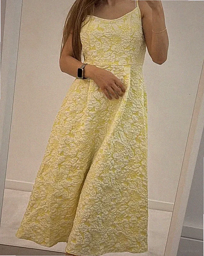 Damen Sommerkleid Gelb Größe XS Midikleid Französisches Stil