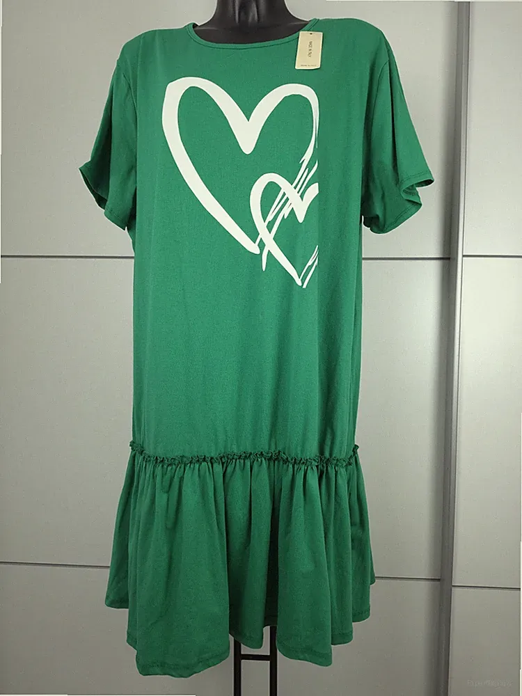 Damen Sommerkleid Herz Print Oversize Made in Italy XXL 3XL 4XL Grün/Gelb