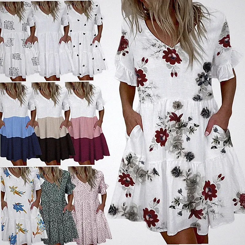 Damen-Sommerkleid im Boho-Stil mit V-Ausschnitt,Freizeit locker Große Auswahl