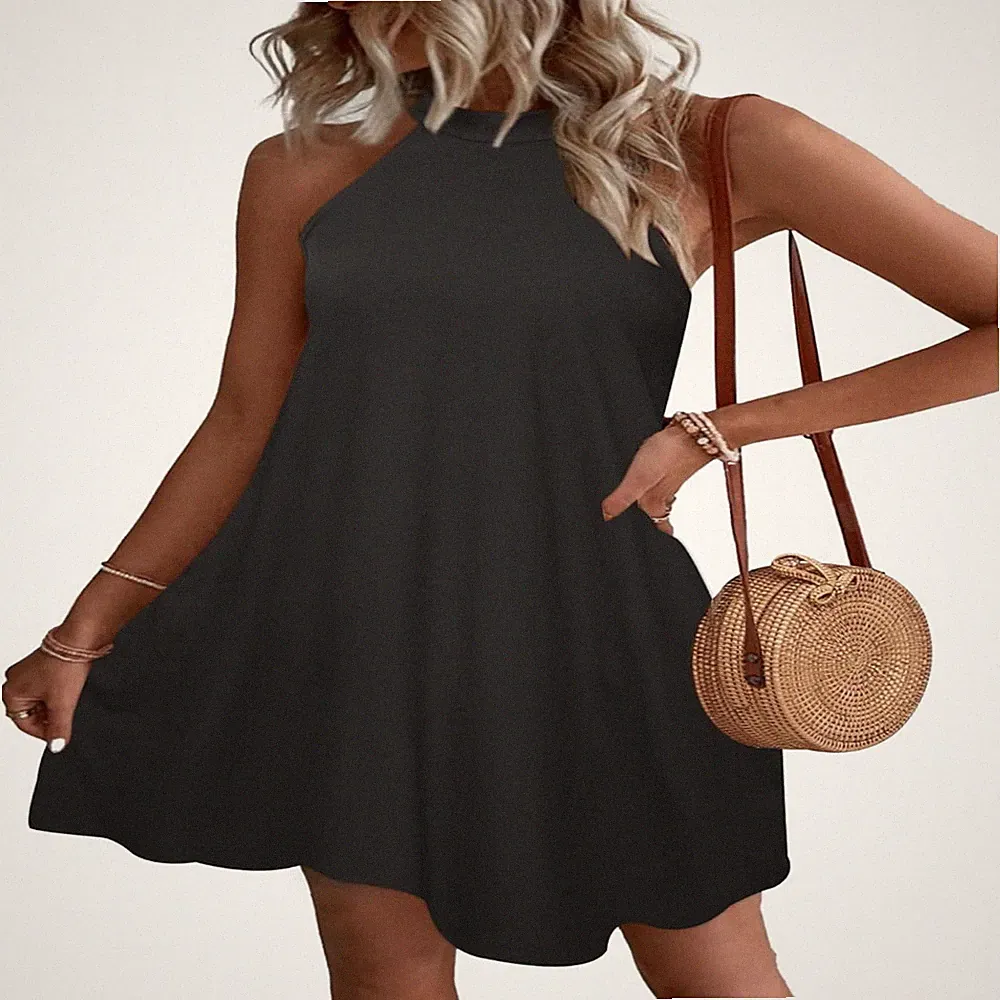 Damen Sommerkleid kurz Strandkleid Neckholder aermellos A-Linie mit Taschen Boho