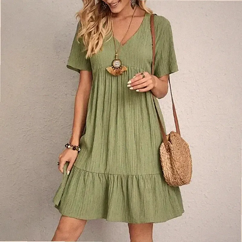 Damen Sommerkleid mit Peplo Frühlingskleider mit Ausschnitt Kurzarm