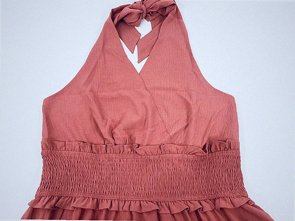 Damen Sommerkleid mit V-Ausschnitt, Neckholder, A-Linie,ärmellos, XL, Damenkleid