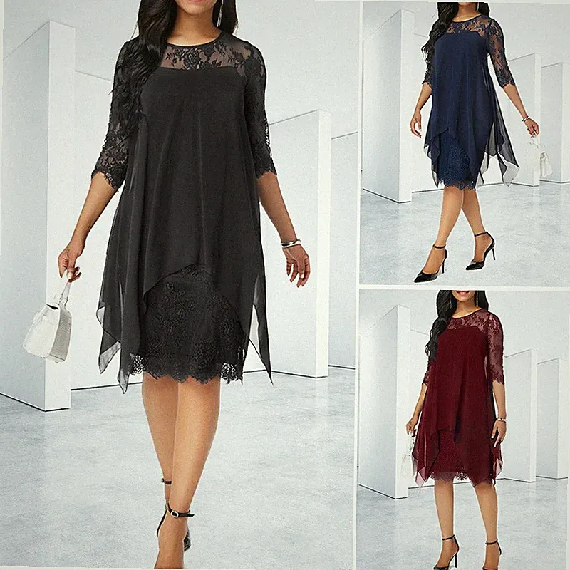 Damen Sommerkleid Partykleid Chiffon Abendkleid Midi Solide Kleid 3-in-1-Look