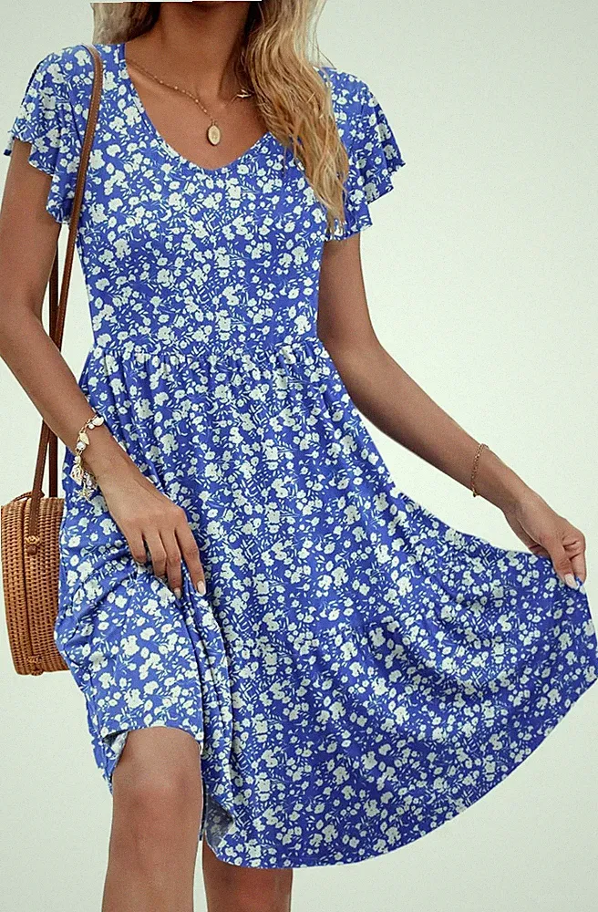Damen Sommerkleid Rüschen Kurzarm V-Ausschnitt Knielang A-Linie Fre
