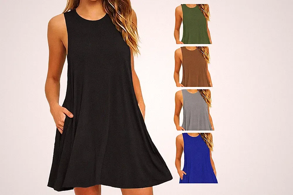 Damen Sommerkleid Tankkleid Strandkleid A-Linie mit Taschen Freizeit
