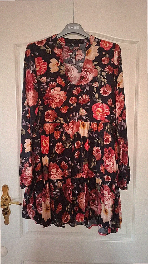 Damen Sommerkleid Tunika in A-Form mit Volant - AMISU - schwarz geblümt - Gr. 38