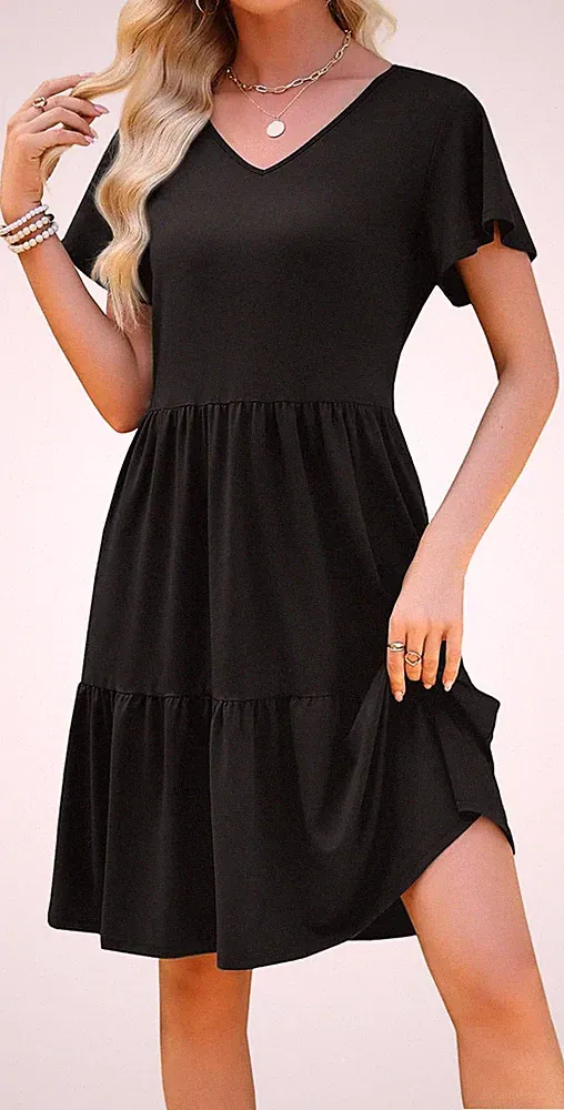 Damen Sommerkleid V-Ausschnitt A-Linie kurzarm knielang, elegant, Freizeitkleid