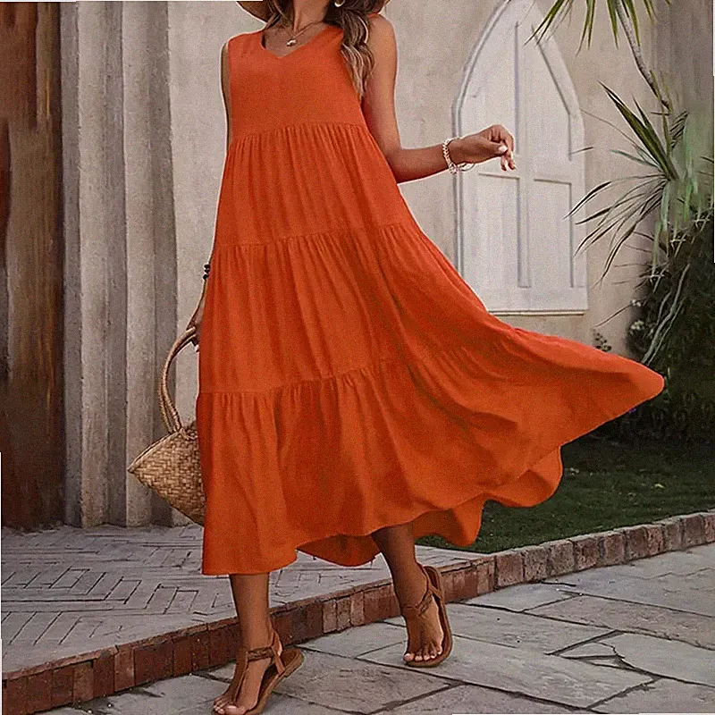 Damen Sommerkleid V-Ausschnitt A-Linie Locker Midi Kleid S-XXL