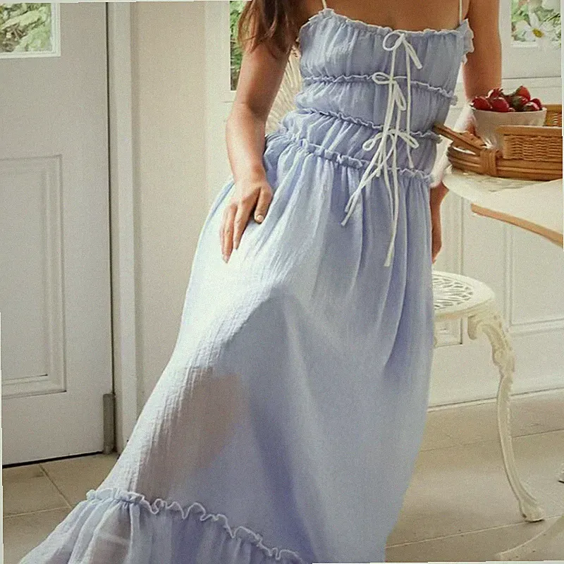 Damen Spaghetti Träger Kleid Eckiger Ausschnitt Midi Rüschen Boho Strand Sommer