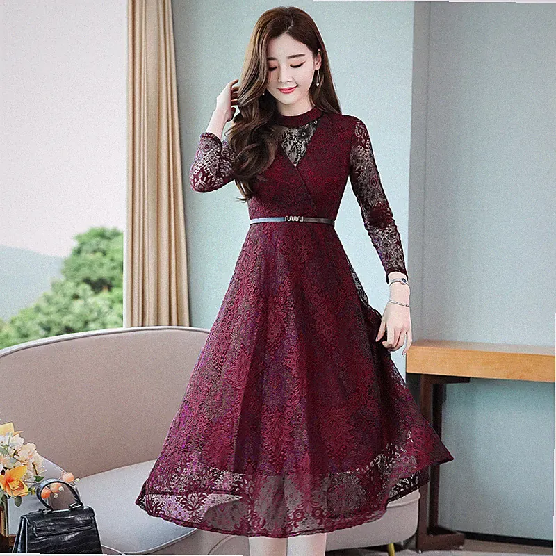 Damen Spitze A-Linie Midi Kleid Langarm Slim Gürtel Elegant Office Workwear