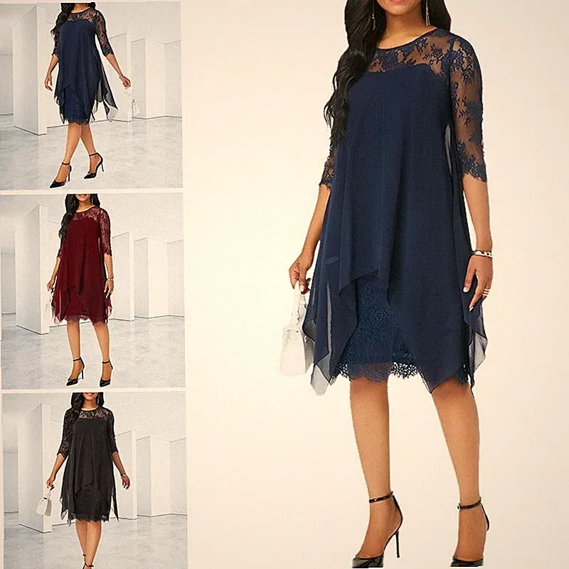Damen Spitze Chiffon Partykleid Plain Sommerkleid Abendkleid Lose Cocktailkleid