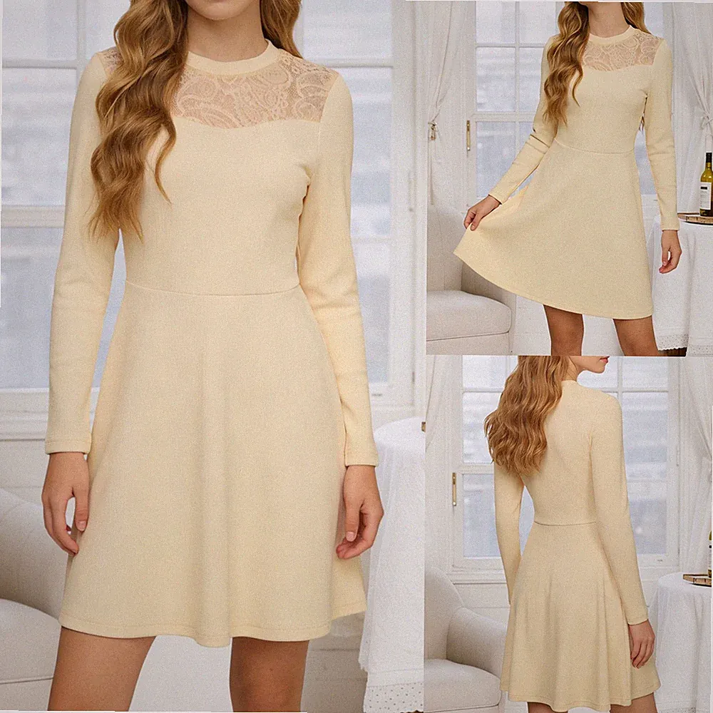 Damen Spitze Langarm Minikleid Freizeitkleid Elegant Partykleid A-Linie-Kleid DE
