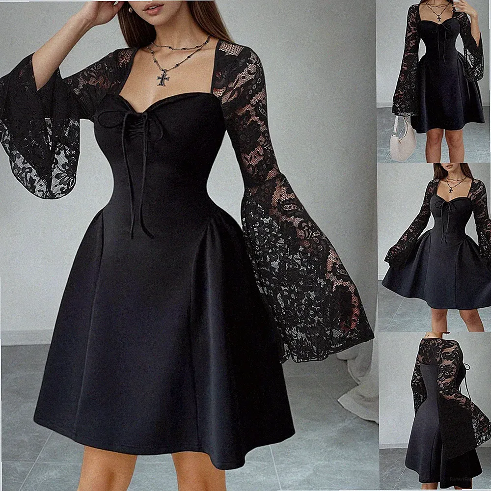 Damen Spitze Langarm Minikleid Partykleid Schwarz Gothic Punk A-Linie-Kleid DE
