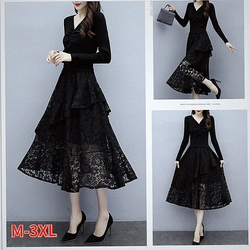Damen Spitze Mesh Strickkleid A-Linie Asymmetrisch V-Ausschnitt Schwarz Midi