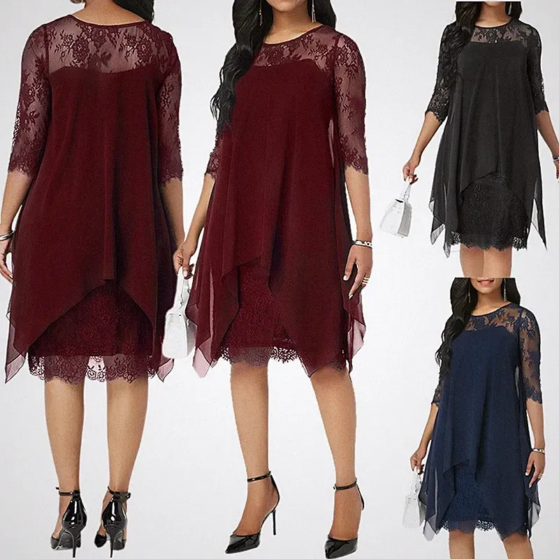 Damen Spitze Midikleid Freizeitkleid Partykleid Elegant Cocktailkleid Abendkleid