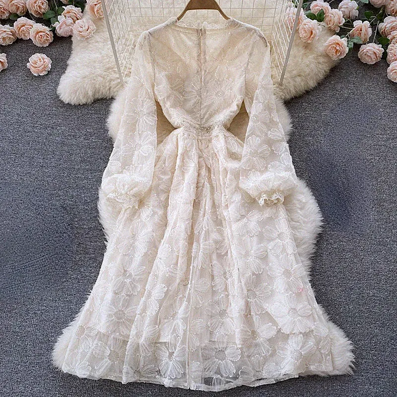 Damen Spitze Pailletten Kleid Midi Blumenmuster Langärmlig A-Linie Tunika Fairy