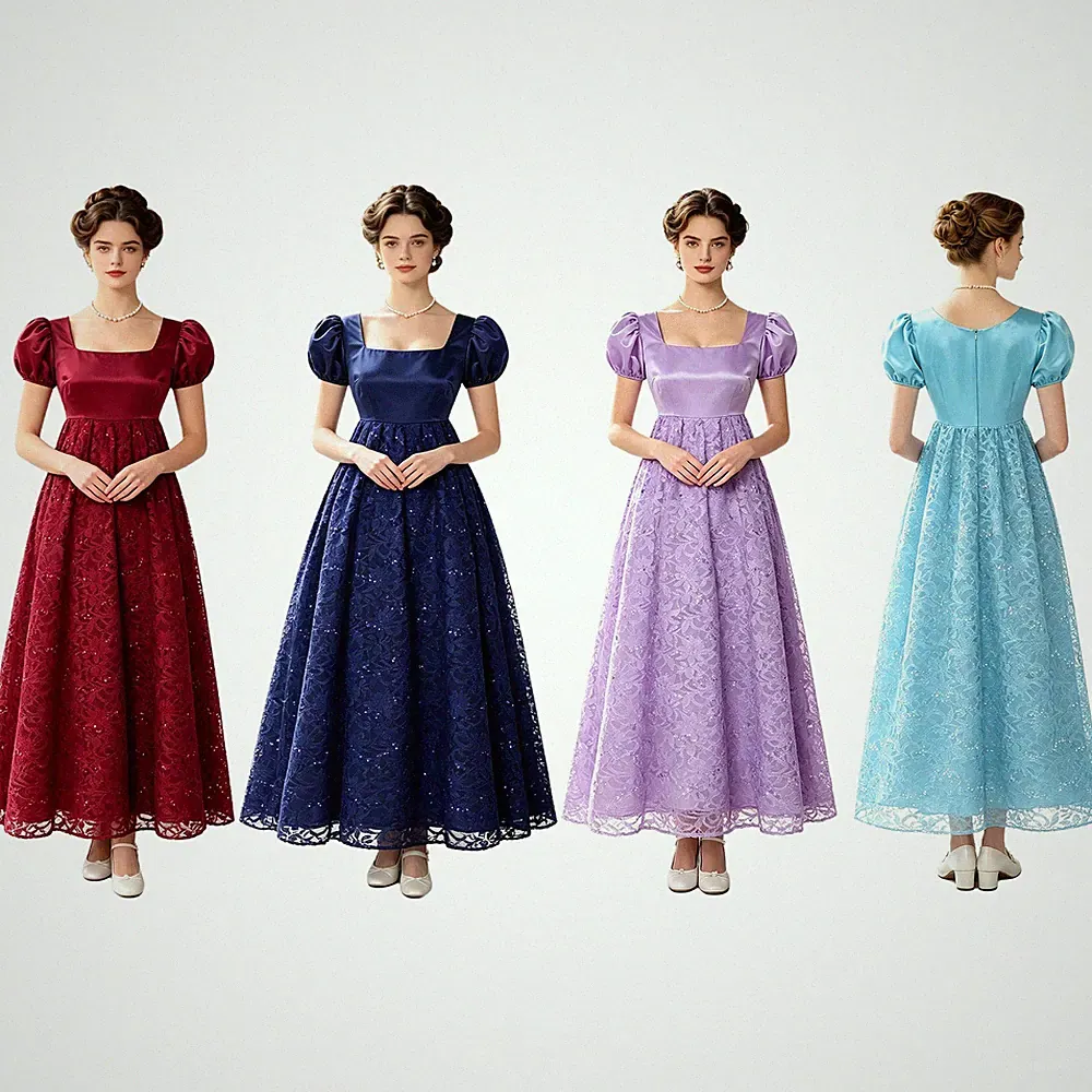 Damen Spitze Quadratischer Hals Maxi Abschlussball Kleid Jahrgang Viktorianisch