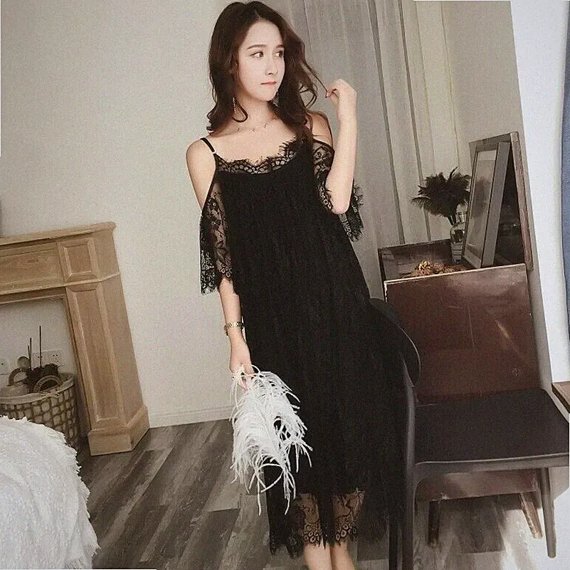 Damen Spitze Trägerkleid Schulterfrei Lang Schlafanzüge Abendkleid Durchsichtig