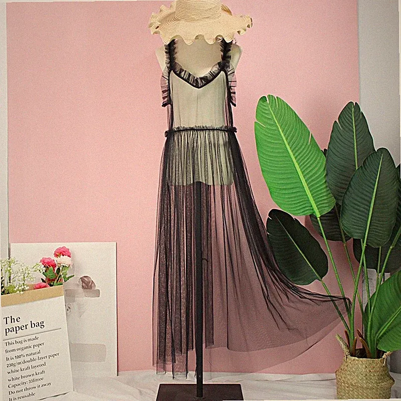 Damen Spitzen Mesh Träger Kleid Transparent Midi Durchsichtig Rüschen Ärmellos