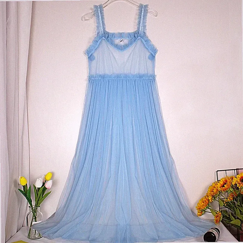 Damen Spitzen Mesh Träger Kleid Transparent Midi Durchsichtig Rüschen Ärmellos