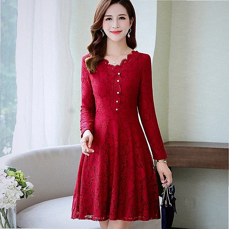 Damen Spitzenkleid A-Linie Midi Slim Freizeit Formell V-Ausschnitt Hohl Aus