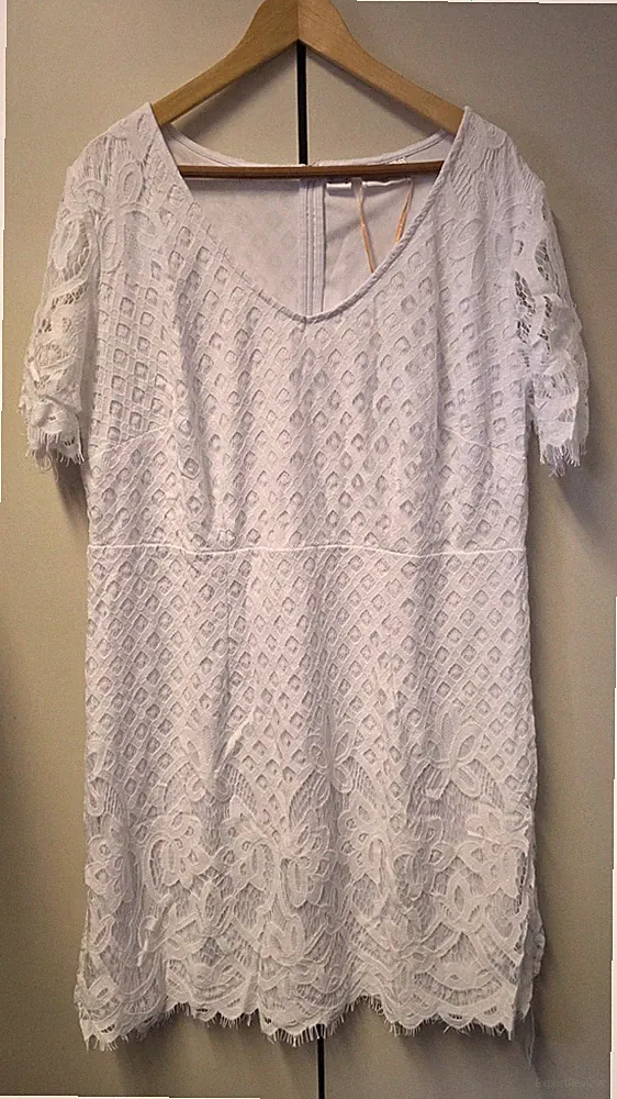 Damen Spitzenkleid Gr. 50 figurbetont Kleid Hochzeit Festkleid weiß Standesamt