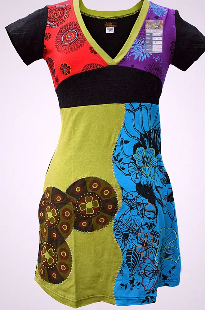 Damen Stich Blumen Kurz Ärmel Psychdelic Baumwolle Sommer Patch Böhmisch Kleid