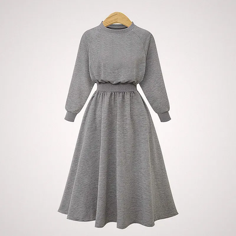 Damen Sweatshirt Midi Kleider Plissiert A-Linie Langärmlig Rund Kragen Einfarbig